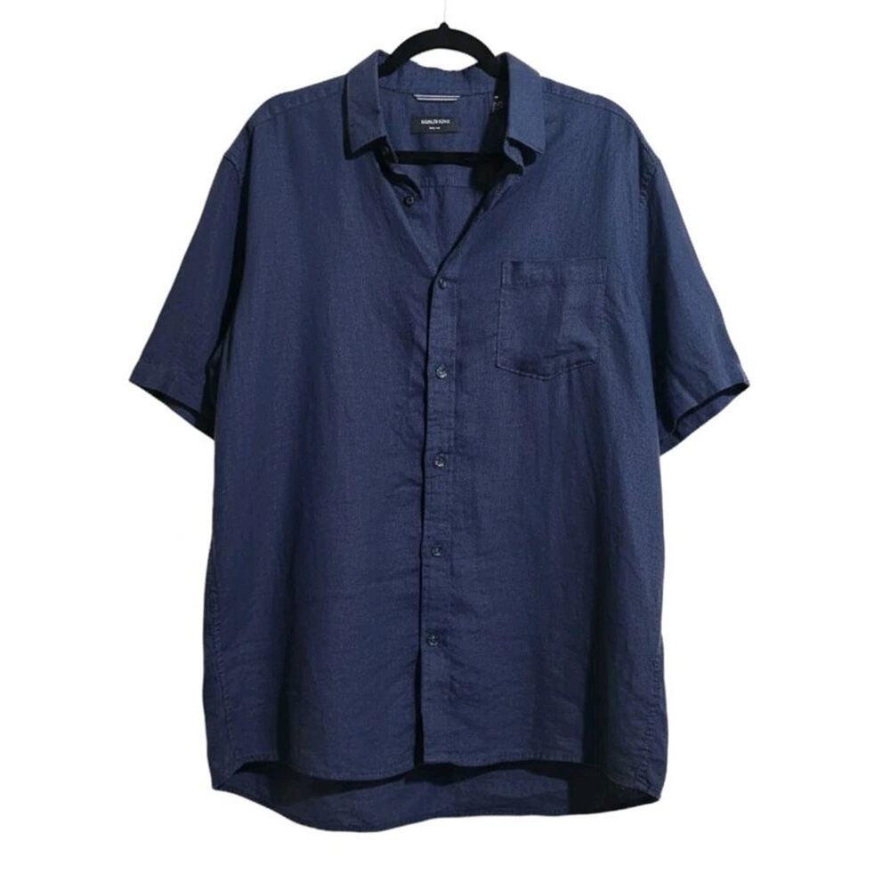 Nordstrom Shirt Men's XL Navy Blue Trim Fit Casual Linen Button Up Classic Basic